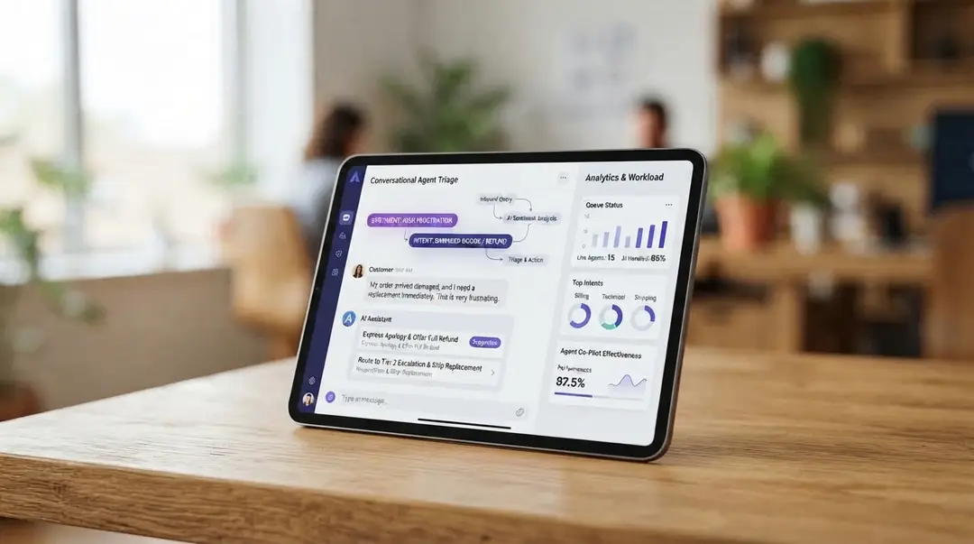 Tablet exibindo uma tela de atendimento com triagem automática e indicadores