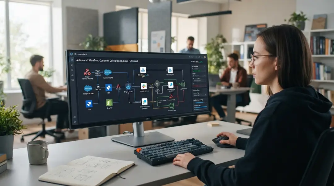 Monitor exibindo um fluxo de automação de processos e integrações entre sistemas