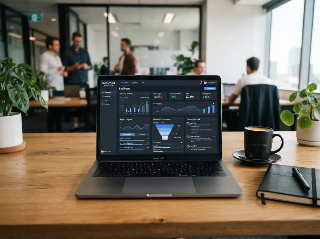 Laptop sobre uma mesa exibindo um painel de indicadores de um sistema sob medida