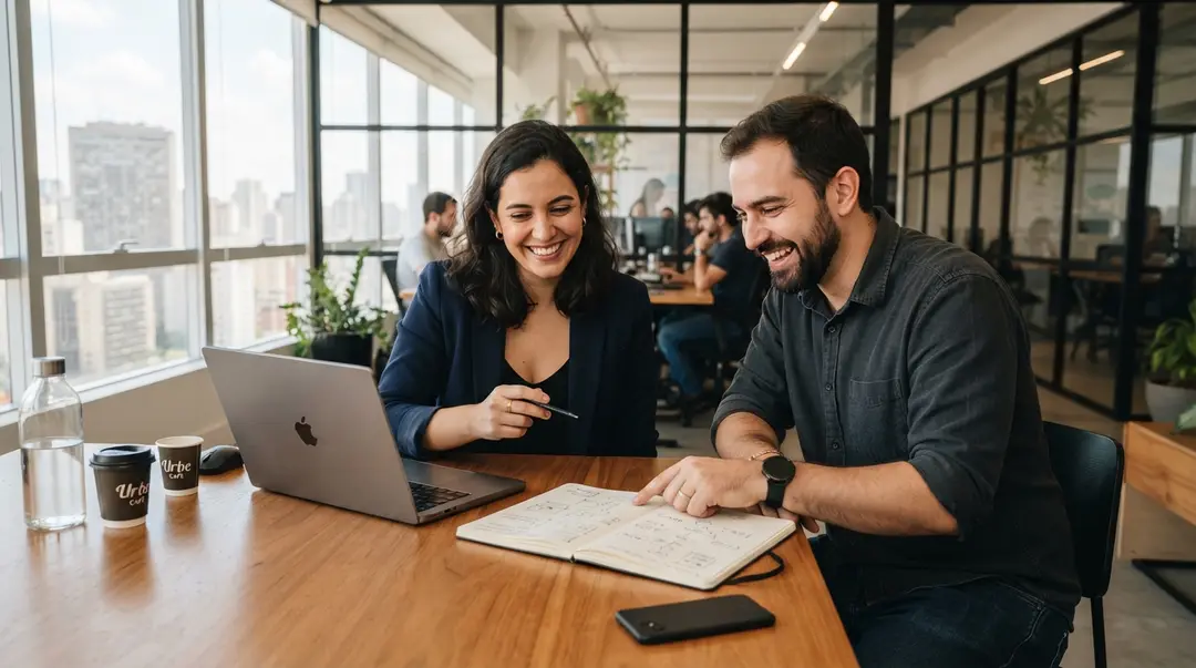 Dois profissionais revisando anotações de um projeto, sorrindo, em um escritório